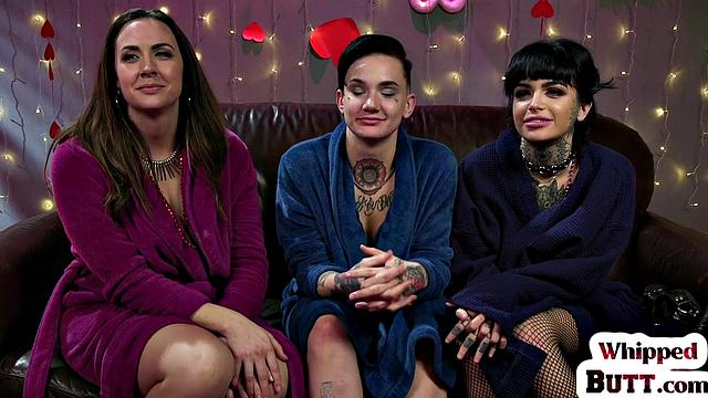 Busty MILFs in latex explore each other's bodies in wild threesome action