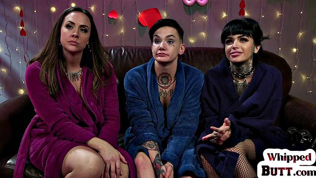 Busty MILFs in latex explore each other's bodies in wild threesome action