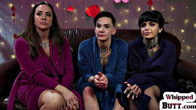 Busty MILFs in latex explore each other's bodies in wild threesome action