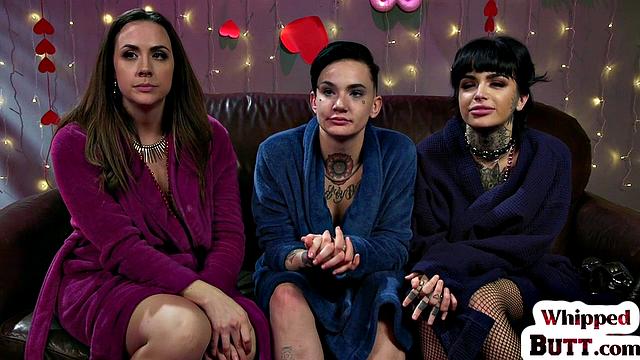 Busty MILFs in latex explore each other's bodies in wild threesome action