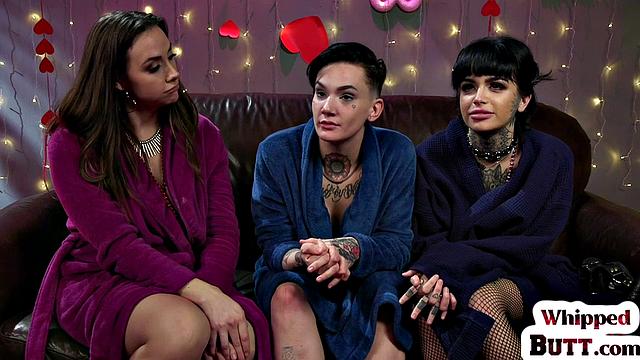 Busty MILFs in latex explore each other's bodies in wild threesome action