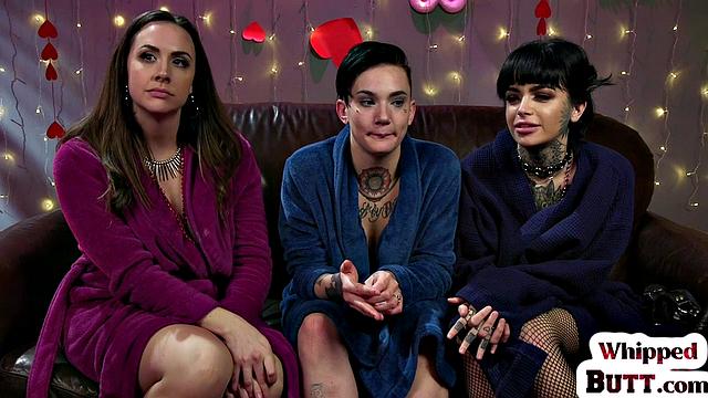 Busty MILFs in latex explore each other's bodies in wild threesome action