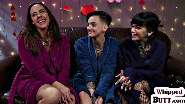 Busty MILFs in latex explore each other's bodies in wild threesome action