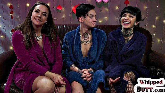 Busty MILFs in latex explore each other's bodies in wild threesome action