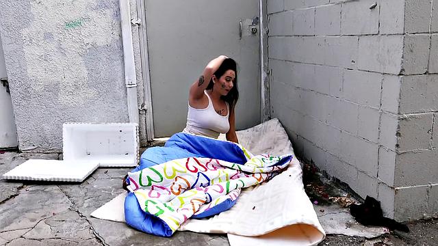 Curvy Brunette Sucks Cock in a Ride & Tats Show