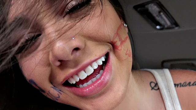 Curvy Brunette Sucks Cock in a Ride & Tats Show