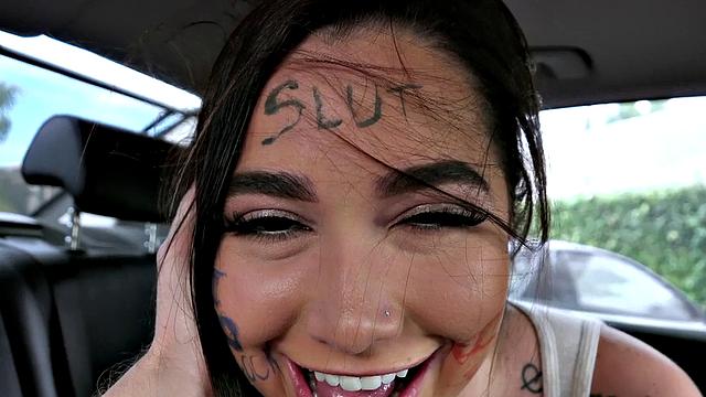 Curvy Brunette Sucks Cock in a Ride & Tats Show