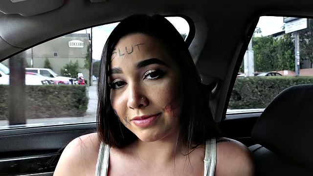 Curvy Brunette Sucks Cock in a Ride & Tats Show