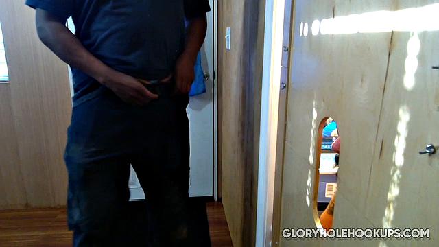 muscular contractor discovers my secret gloryhole and gives a deep, passionate blowjob