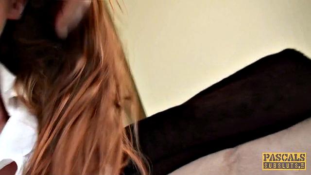 Ginger slut Sabrina Jay gets throated and coated with cum