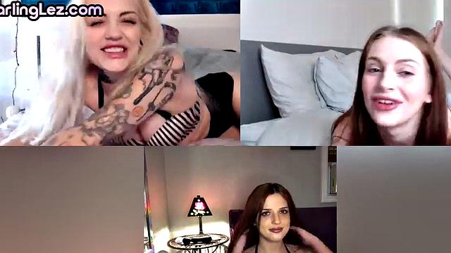 Lesbian babes playing with toy on video call and teasing