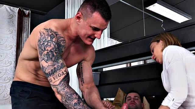 Bi small boobs babe facesitting in MMF after blowjob