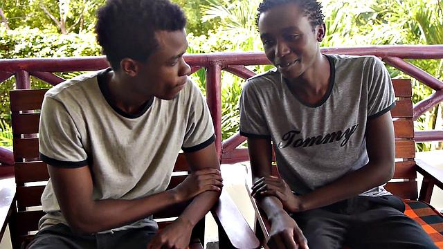 African twink blows partner's uncut dick before bareback sex