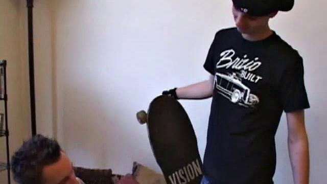 Camden DeMarko is rubbing his cock when skateboarder Jessie Jameson comes in and starts sucking him off. Jessie works him good, before fucking Camden's face with his big dick.