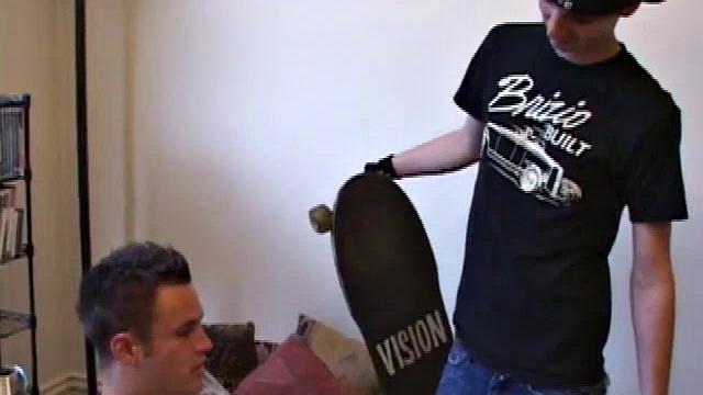 Camden DeMarko is rubbing his cock when skateboarder Jessie Jameson comes in and starts sucking him off. Jessie works him good, before fucking Camden's face with his big dick.