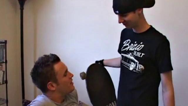Camden DeMarko is rubbing his cock when skateboarder Jessie Jameson comes in and starts sucking him off. Jessie works him good, before fucking Camden's face with his big dick.