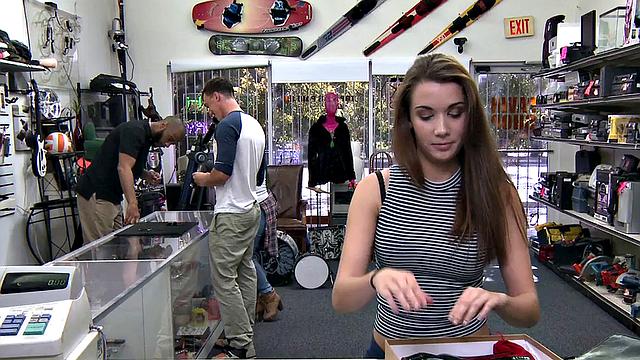 Pawnshop lady fucked by perverted fucker in wet pussy hole