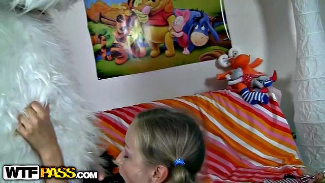 Cute teen strips and has toy play