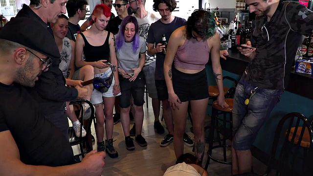 Watch this naughty public chick get whipped and humiliated while being dominated by her horny voyeurs