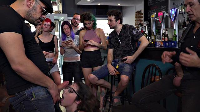 Watch this naughty public chick get whipped and humiliated while being dominated by her horny voyeurs