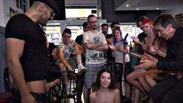 Watch this naughty public chick get whipped and humiliated while being dominated by her horny voyeurs