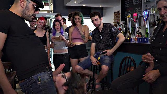 Watch this naughty public chick get whipped and humiliated while being dominated by her horny voyeurs