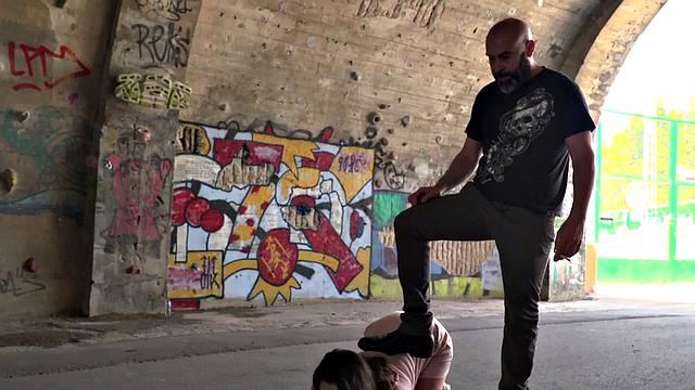 Public slut bound and facefucked outdoors