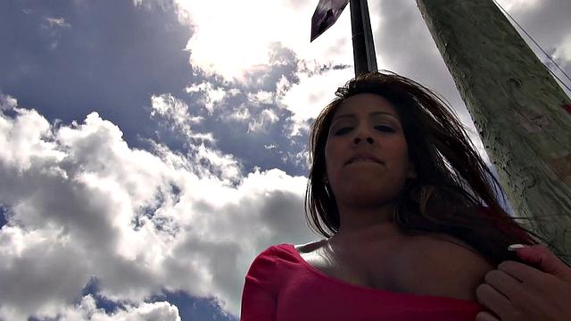 Jackie's Cruzin' in a cafe, with a bald pussy and big tits, wearing a dress and high heels