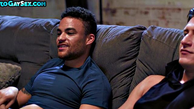 Black stud rides white tattooed BF on couch