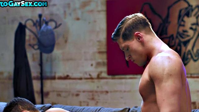 Black stud rides white tattooed BF on couch