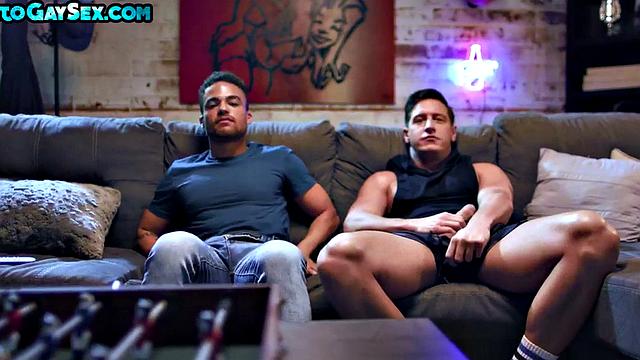 Black stud rides white tattooed BF on couch