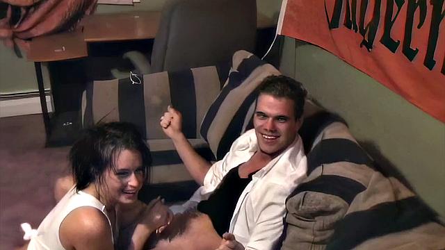 Filthy teen slut goes down on cock