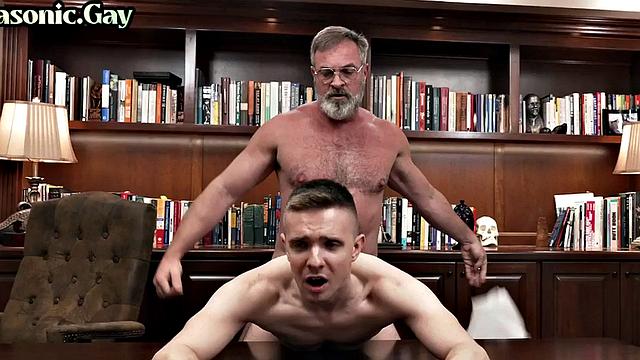 Office twunk barebacked by hairy DILF after rimjob