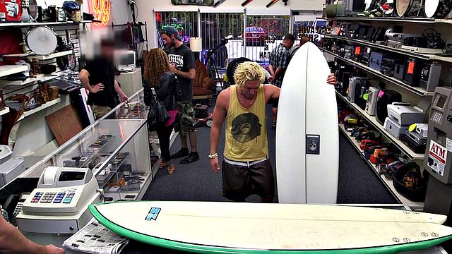 Cumming stud 3some gets fucked in pawnshop stockroom by owners