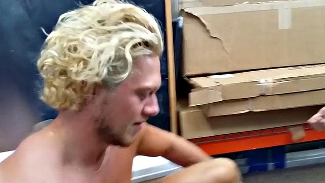 Cumming stud 3some gets fucked in pawnshop stockroom by owners