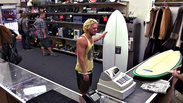 Cumming stud 3some gets fucked in pawnshop stockroom by owners