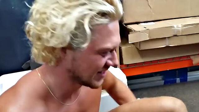Cumming stud 3some gets fucked in pawnshop stockroom by owners