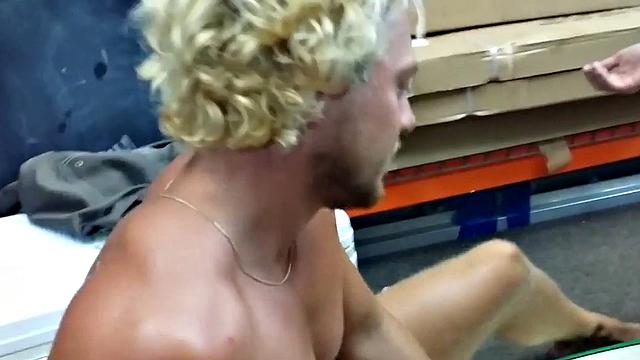 Cumming stud 3some gets fucked in pawnshop stockroom by owners