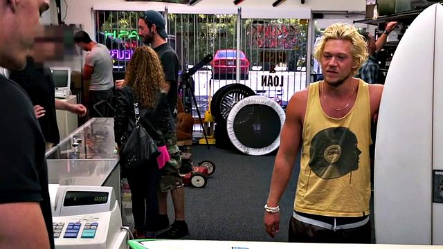 Cumming stud 3some gets fucked in pawnshop stockroom by owners