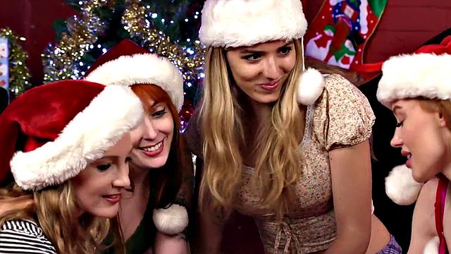 CFNM Xmas babes suck and wank lucky cock in group