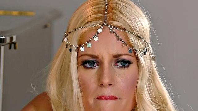 Blonde with small tits & high heels gets herself off in a hot, living room party prep session