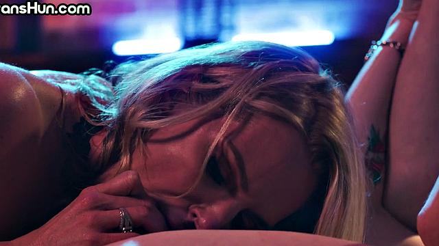 Transsexual lady fucks big-titted MILF in hairy pussy