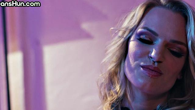 Transsexual lady fucks big-titted MILF in hairy pussy