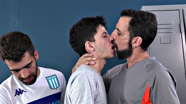 Locker room gay daddies bareback skinny twink in 3some