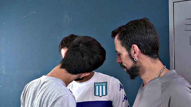 Locker room gay daddies bareback skinny twink in 3some