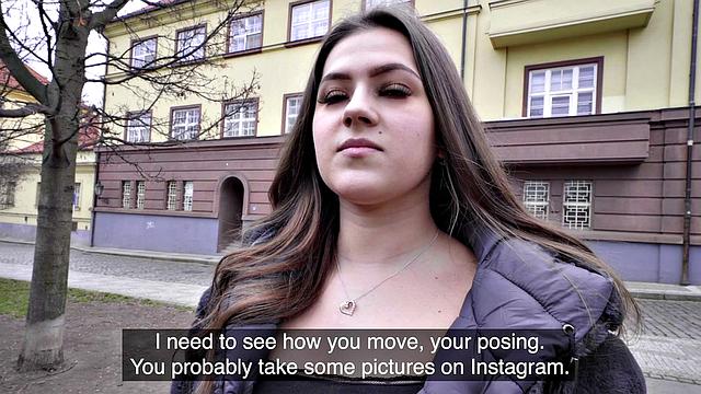 Watch this hot brunette get pounded hard on stairs while wearing panties