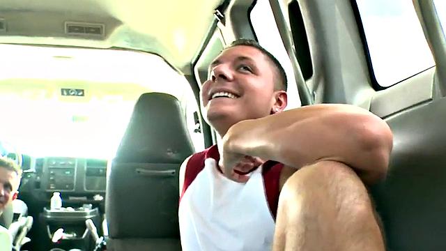 Tricked stud gets fucked by athletic hunk in pickup van