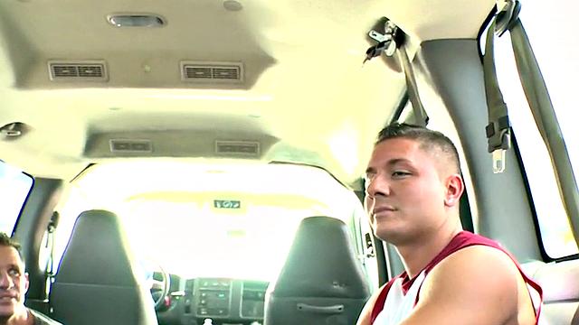 Tricked stud gets fucked by athletic hunk in pickup van