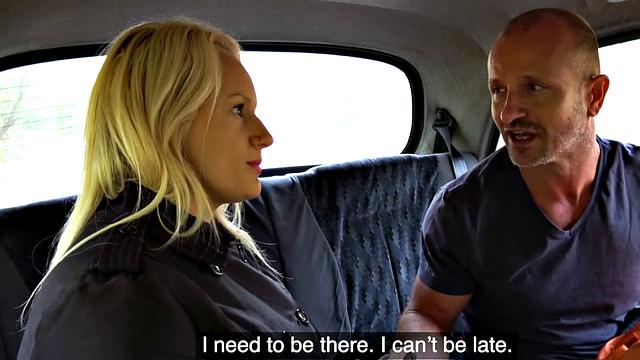 Blonde bombshell with huge tits squirts while getting fingered in public taxi