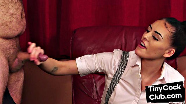 Tiny cock gets HJ by mocking British slut without underwear